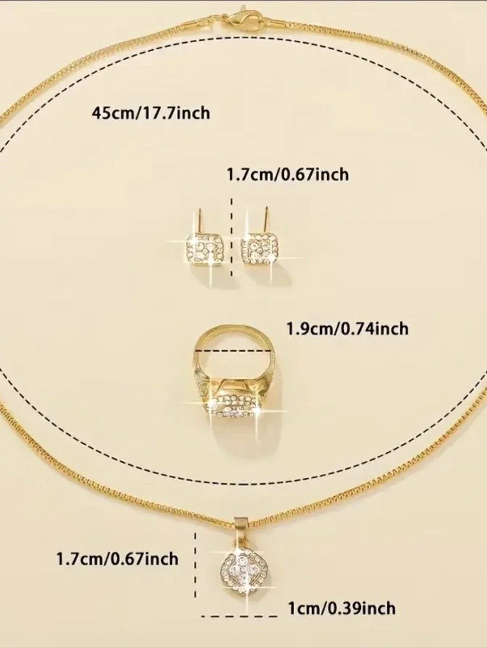 4pc set -Gold Square Necklace,Ring,Earring Set - Picture 2 of 3